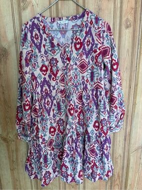 beachlunchlounge Boho Midi Dress - Purple, Red, Teal on Cream size XS